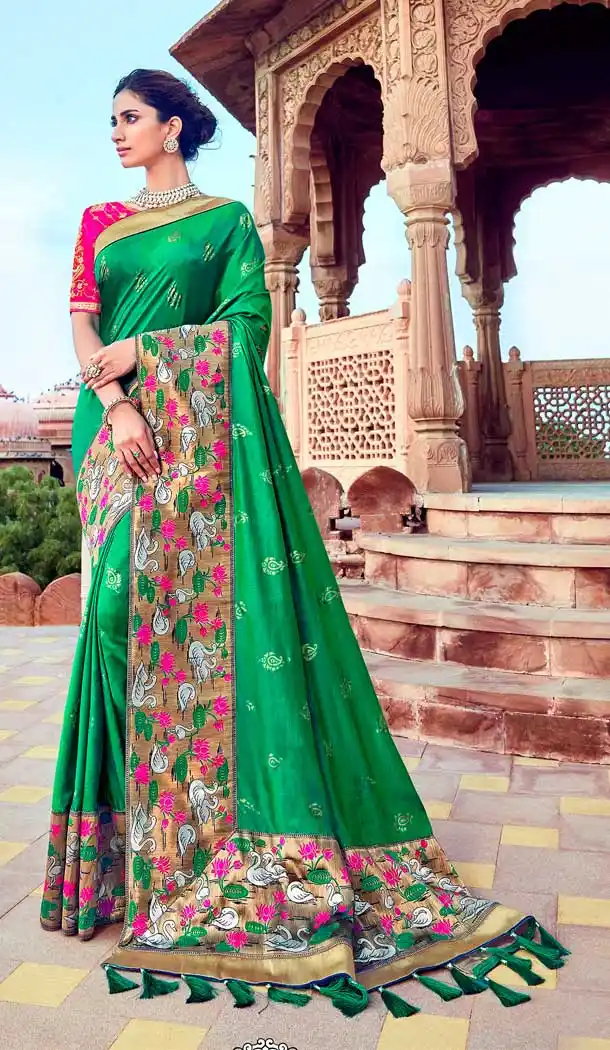 Green Color Silk Heavy Designer Bridal Wedding Wear Saree Blouse -621122896