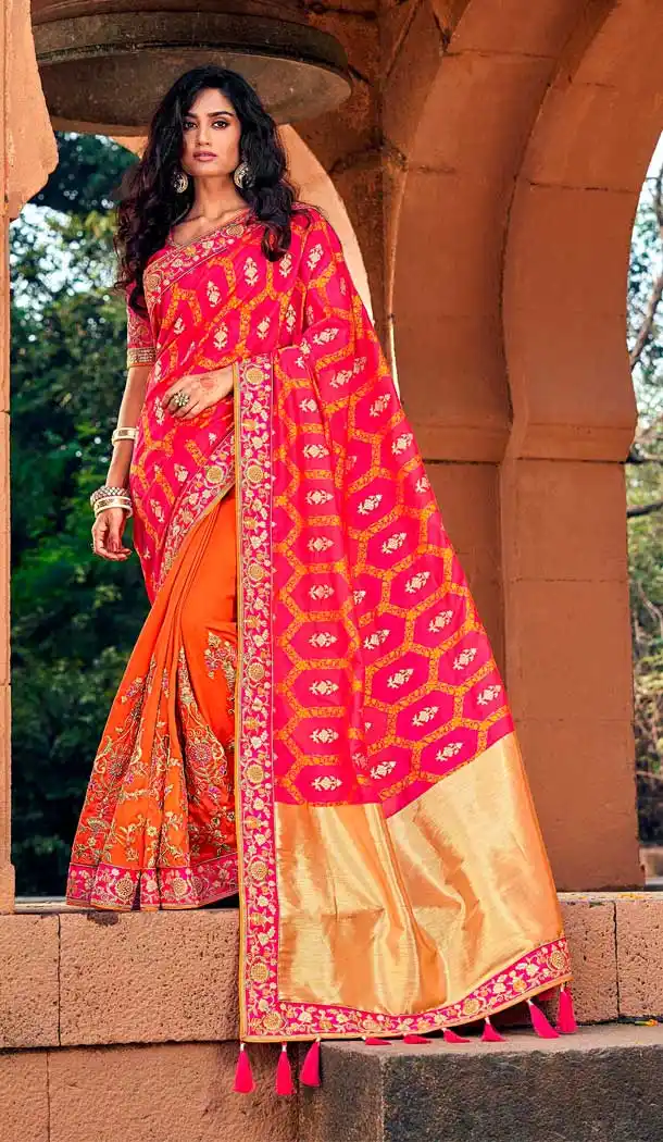 Pink Oragne Color Silk Heavy Designer Bridal Wedding Wear Saree Blouse -621122899