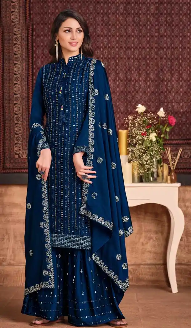 Blue Color Two Tone Silk Georgette Designer Party Wear Sharara Suit -626122931