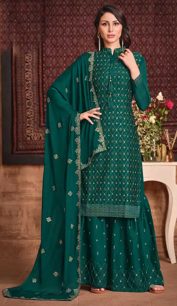 Green Color Two Tone Silk Georgette Designer Party Wear Sharara Suit -626122932