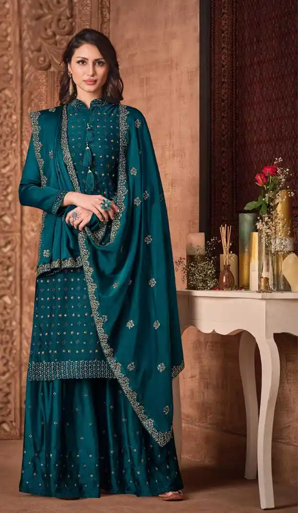 Rama Green Color Two Tone Silk Georgette Designer Party Wear Sharara Suit -626122934