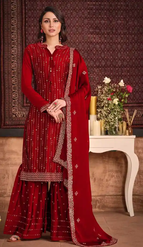 Red Color Two Tone Silk Georgette Designer Party Wear Sharara Suit -626122935