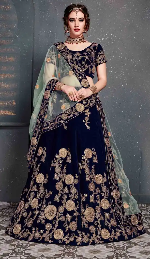 Navy Blue Color Velvet Embroidery Bridal Wear Women Lehenga Choli -633122974