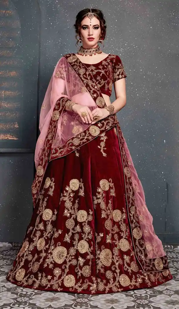 Maroon Color Velvet Embroidery Bridal Wear Women Lehenga Choli -633122975