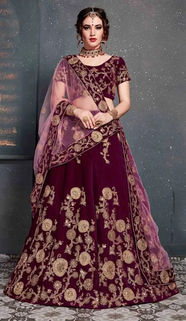 Purple Color Velvet Embroidery Bridal Wear Women Lehenga Choli -633122977