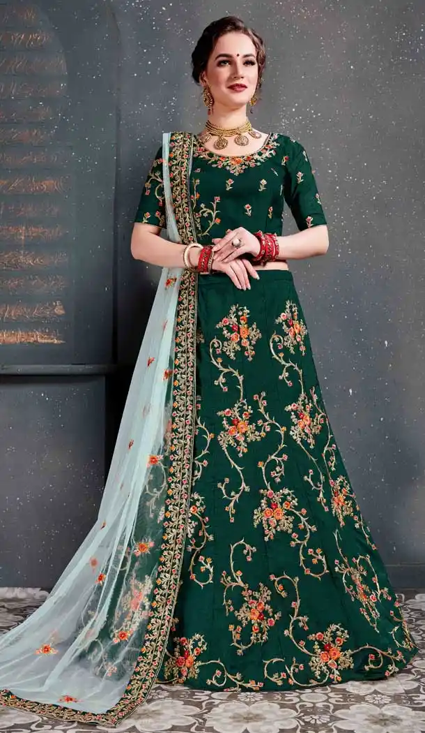 Green Color Tafeta Satin Silk Embroidery Bridal Wear Women Lehenga Choli -633122979