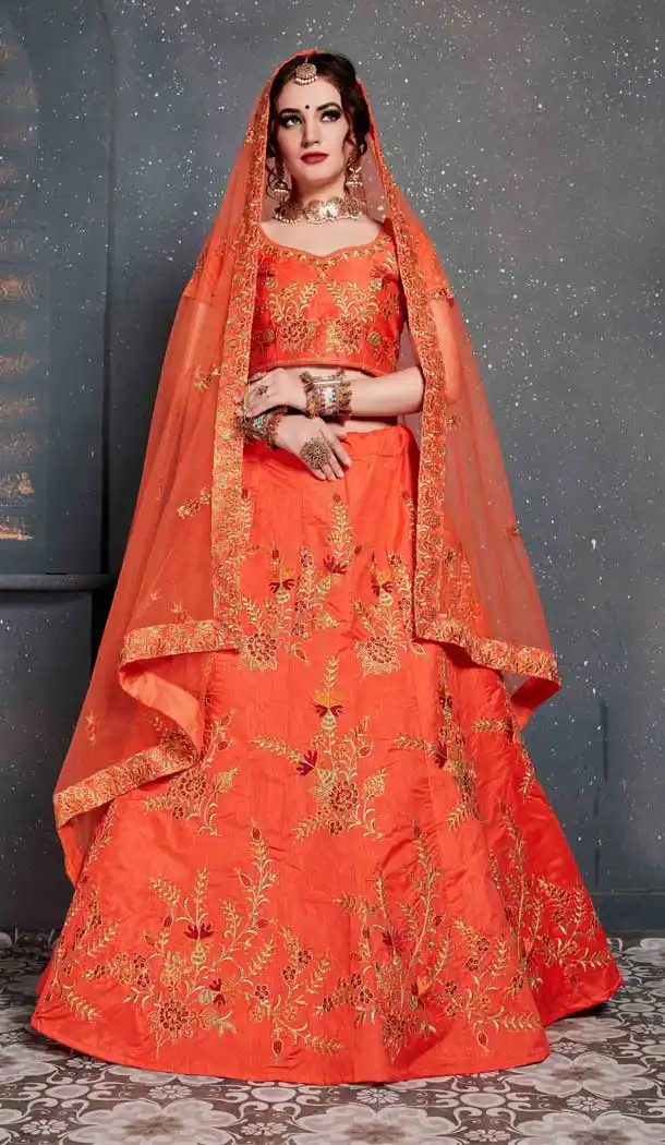 Orange Color Slub Silk Embroidery Bridal Wear Women Lehenga Choli -633122980