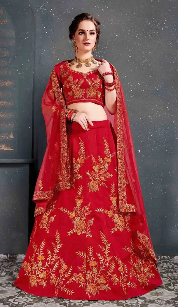 Red Color Slub Silk Embroidery Bridal Wear Women Lehenga Choli -633122981