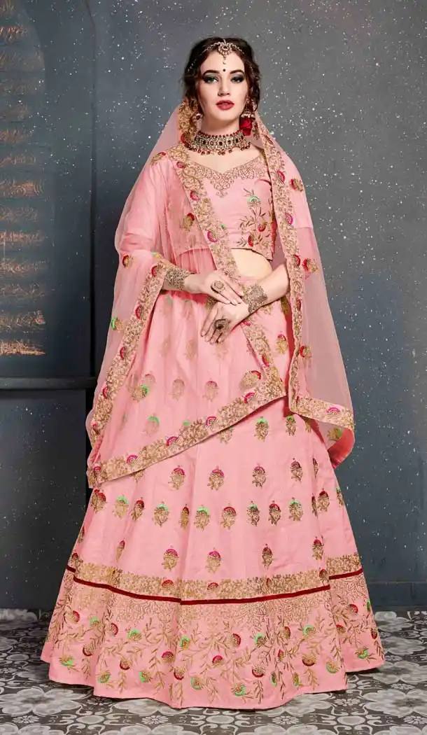 Baby Pink Color Slub Silk Embroidery Bridal Wear Women Lehenga Choli -633122982