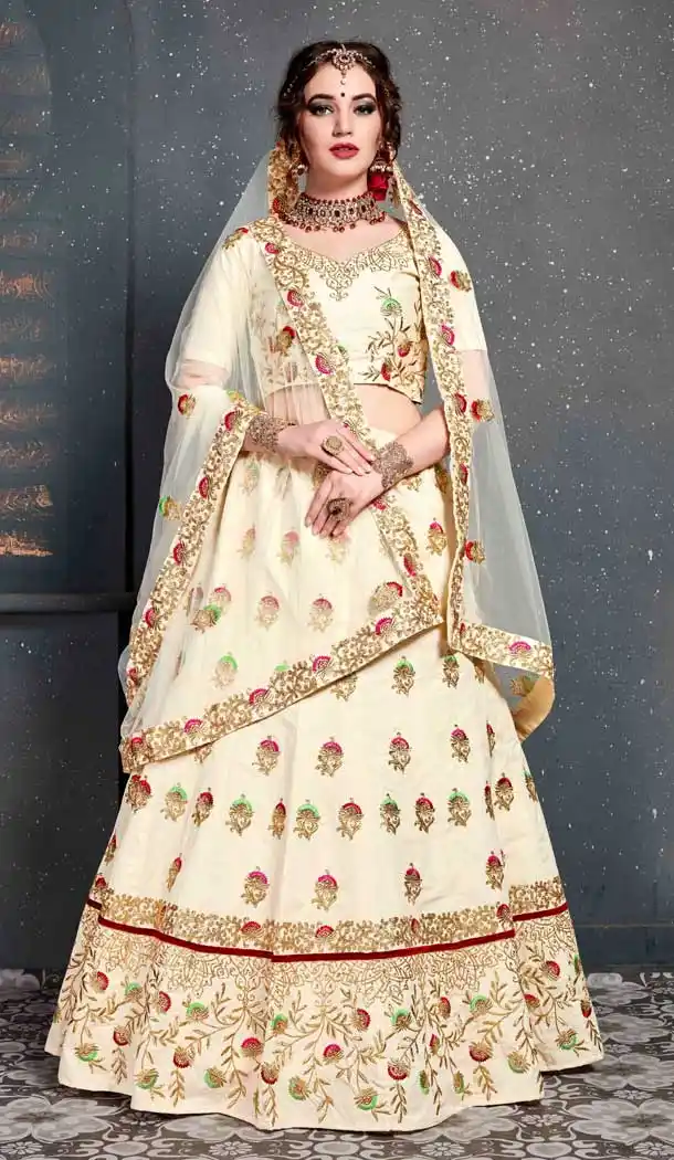 Cream Color Slub Silk Embroidery Bridal Wear Women Lehenga Choli -633122983