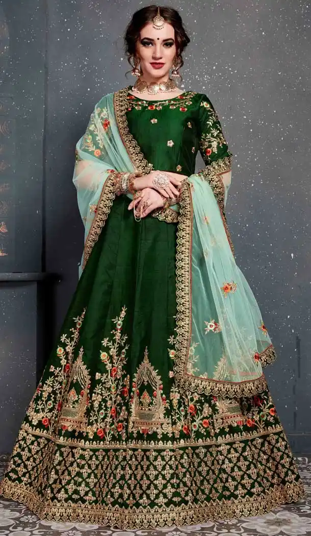 Dark Green Color Tafeta Satin Silk Embroidery Bridal Wear Women Lehenga Choli -633122984