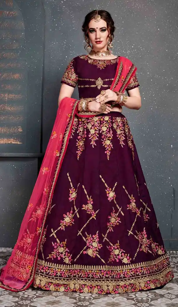 Purple Color Tafeta Satin Silk Embroidery Bridal Wear Women Lehenga Choli -633122985