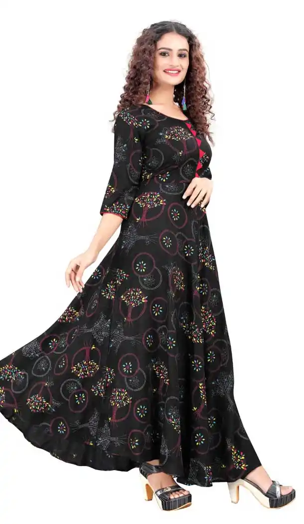 Black Color Rayon Printed Party Wear Readymade Long Plus Size Kurti -642123066