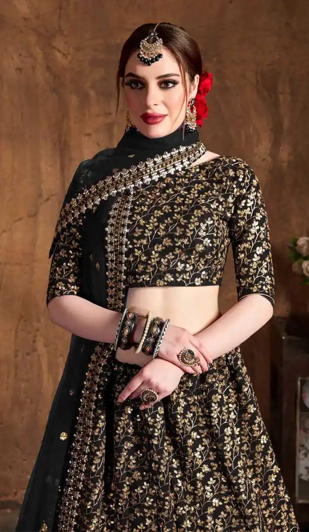 Black Color Raw Silk Designer Wedding Sangeet Wear Lehenga Choli -645123097