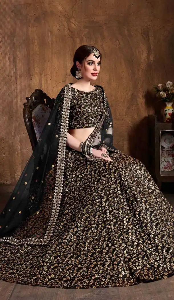 Black Color Raw Silk Designer Wedding Sangeet Wear Lehenga Choli -645123097
