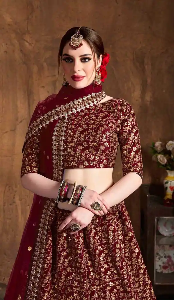 Maroon Color Raw Silk Designer Wedding Sangeet Wear Lehenga Choli -645123098