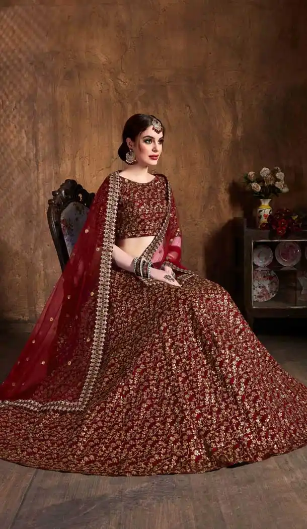 Maroon Color Raw Silk Designer Wedding Sangeet Wear Lehenga Choli -645123098