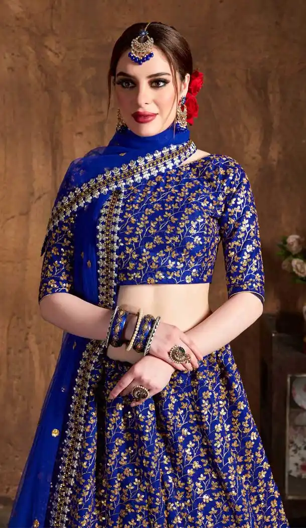 Royal Blue Color Raw Silk Designer Wedding Sangeet Wear Lehenga Choli -645123099
