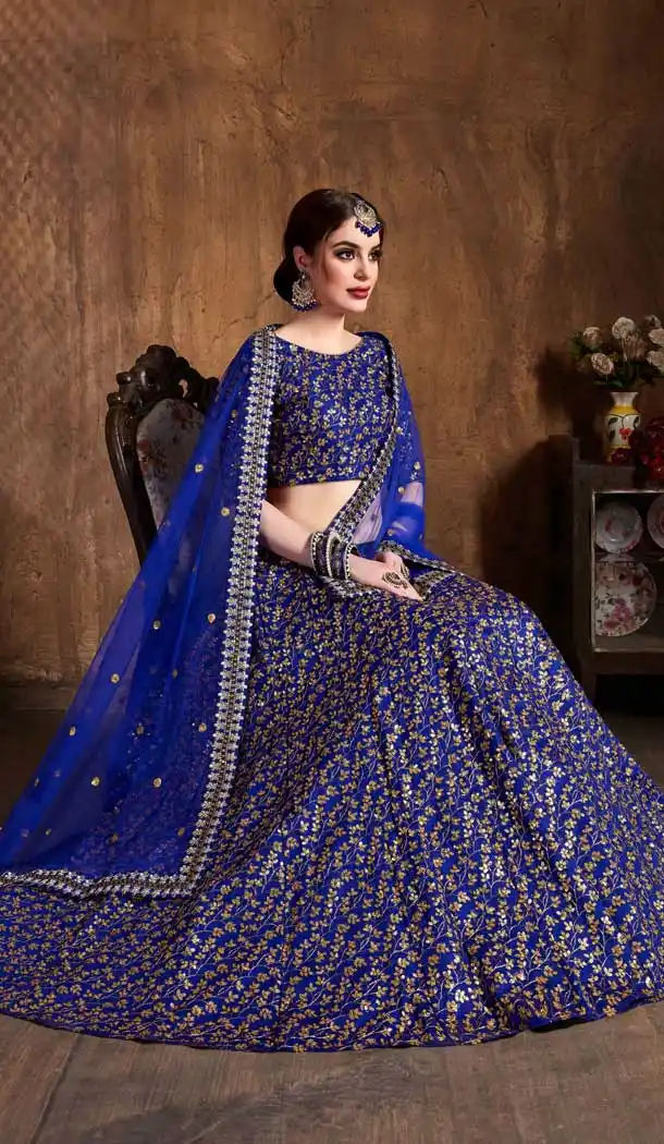 Royal Blue Color Raw Silk Designer Wedding Sangeet Wear Lehenga Choli -645123099