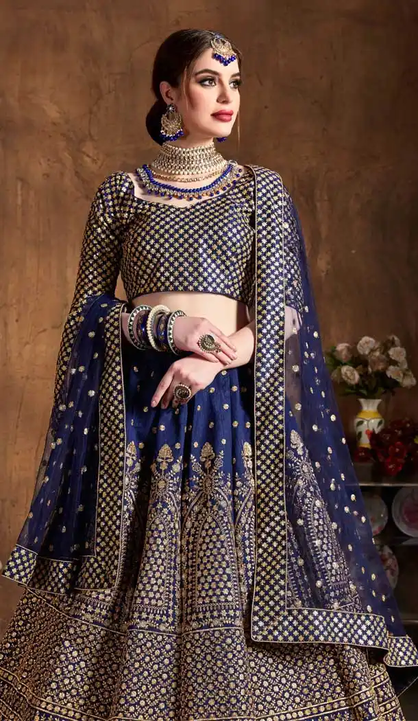 Navy Blue Color Raw Silk Designer Wedding Sangeet Wear Lehenga Choli -645123100