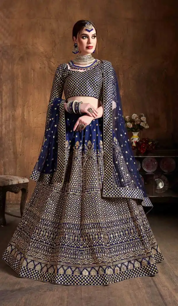 Navy Blue Color Raw Silk Designer Wedding Sangeet Wear Lehenga Choli -645123100