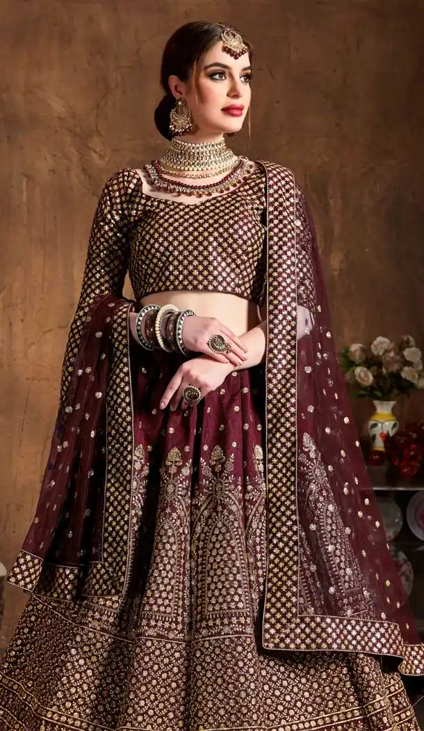 Aesthetic Maroon Color Raw Silk Designer Wedding Sangeet Wear Lehenga Choli -645123101