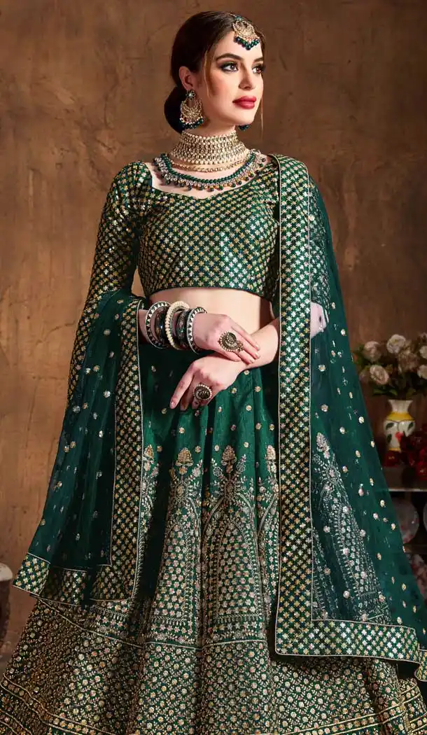 Green Color Raw Silk Designer Wedding Sangeet Wear Lehenga Choli -645123102