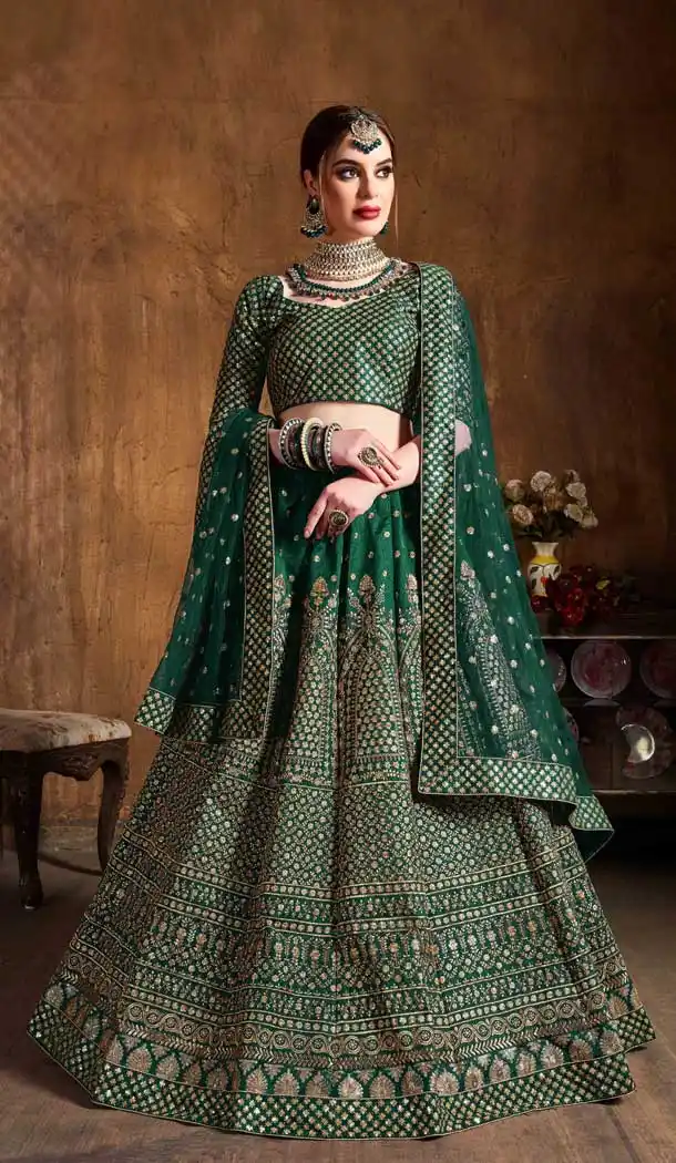 Green Color Raw Silk Designer Wedding Sangeet Wear Lehenga Choli -645123102