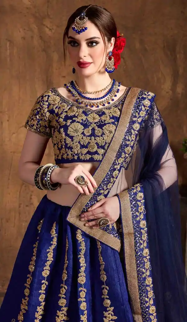 Magnificient Navy Blue Color Raw Silk Designer Wedding Sangeet Wear Lehenga Choli -645123103