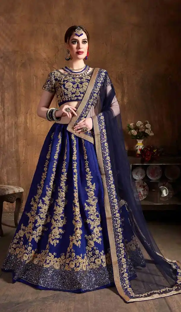 Magnificient Navy Blue Color Raw Silk Designer Wedding Sangeet Wear Lehenga Choli -645123103