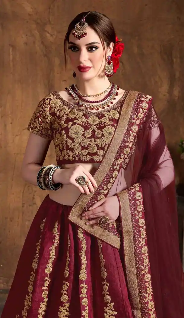 Gorgeous Maroon Color Raw Silk Designer Wedding Sangeet Wear Lehenga Choli -645123104