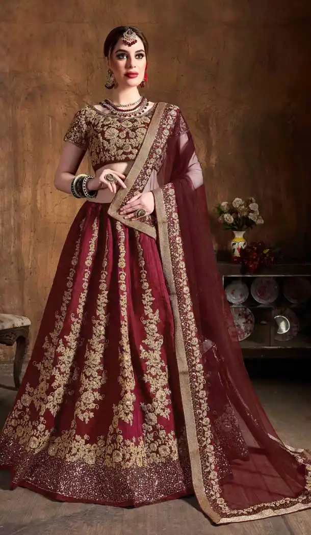 Gorgeous Maroon Color Raw Silk Designer Wedding Sangeet Wear Lehenga Choli -645123104
