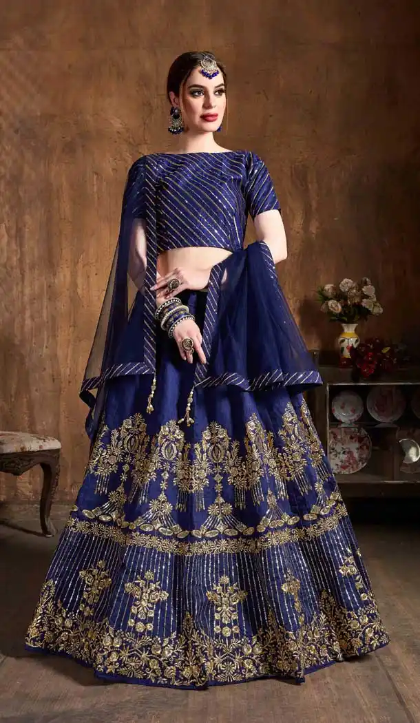 Navy Blue Color Art Silk Designer Wedding Sangeet Wear Lehenga Choli -645123107