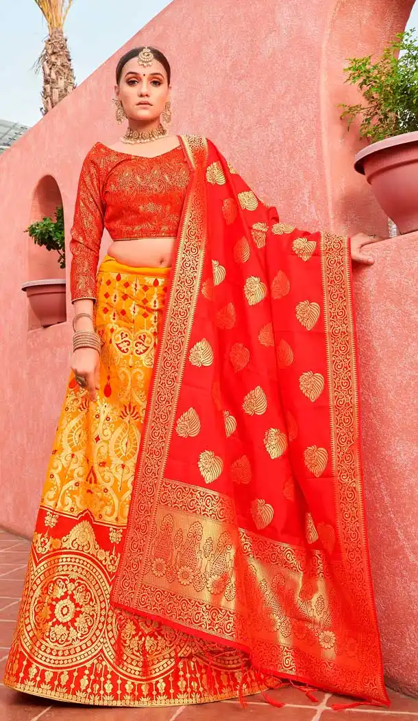 Ethnic Yellow Color Banarasi Silk Jacquard Designer Party Wear Lehenga Choli -648123157
