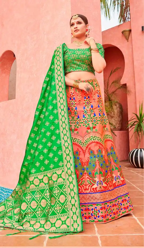 Peach Color Banarasi Silk Jacquard Designer Party Wear Lehenga Choli -648123160
