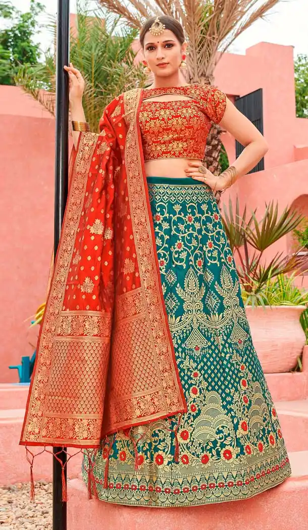 Rama Green Color Banarasi Silk Jacquard Designer Party Wear Lehenga Choli -648123163