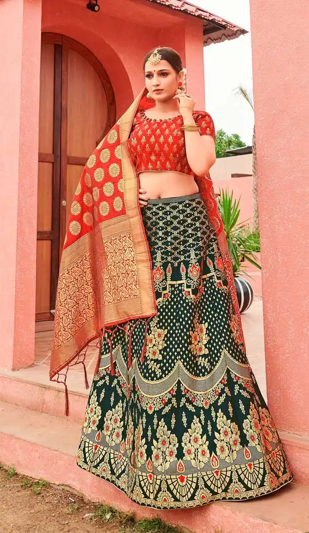 Teal Green Color Banarasi Silk Jacquard Designer Party Wear Lehenga Choli -648123165