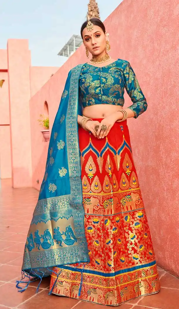 Red Color Banarasi Silk Jacquard Designer Party Wear Lehenga Choli -648123167