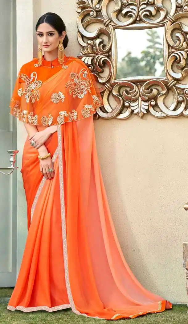 Orange Color Cadbury Chiffon Casual Party Wear Women Saree Blouse -657123266