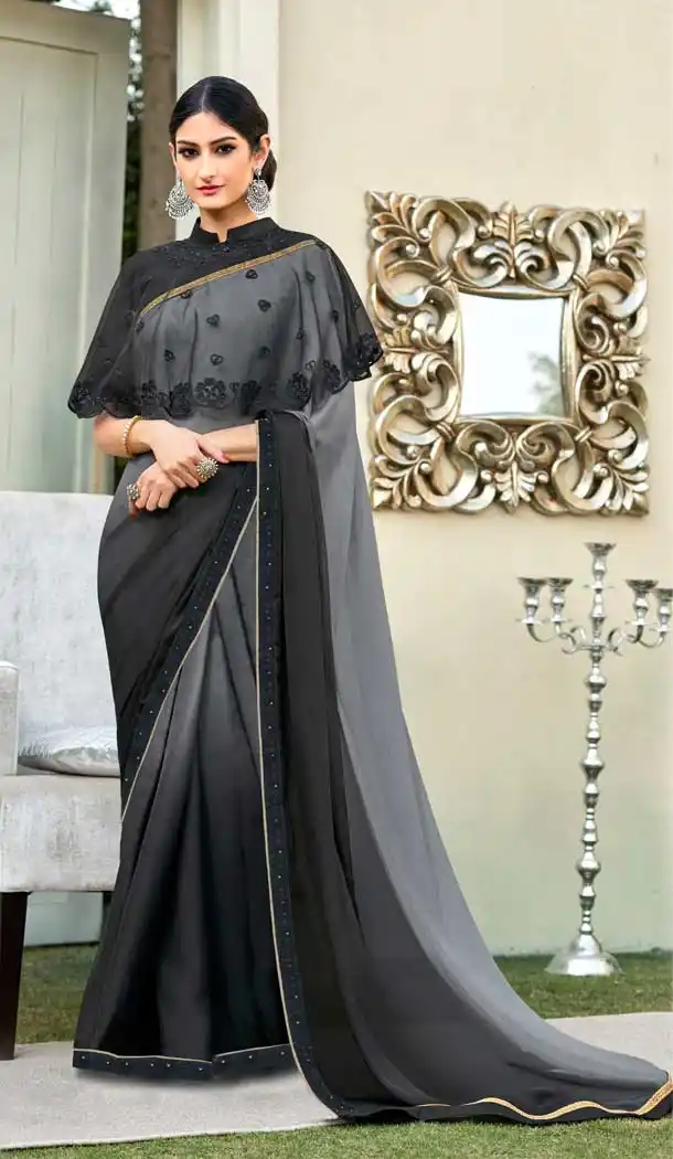 Grey Black Color Cadbury Chiffon Casual Party Wear Women Saree Blouse -657123267