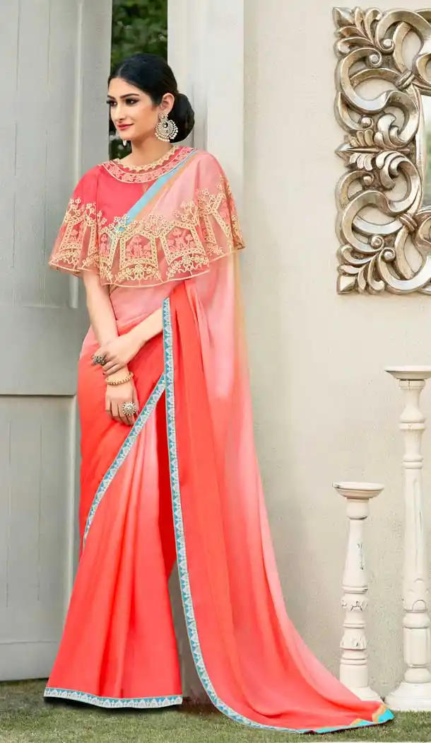 Pink Coral Color Cadbury Chiffon Casual Party Wear Women Saree Blouse -657123268