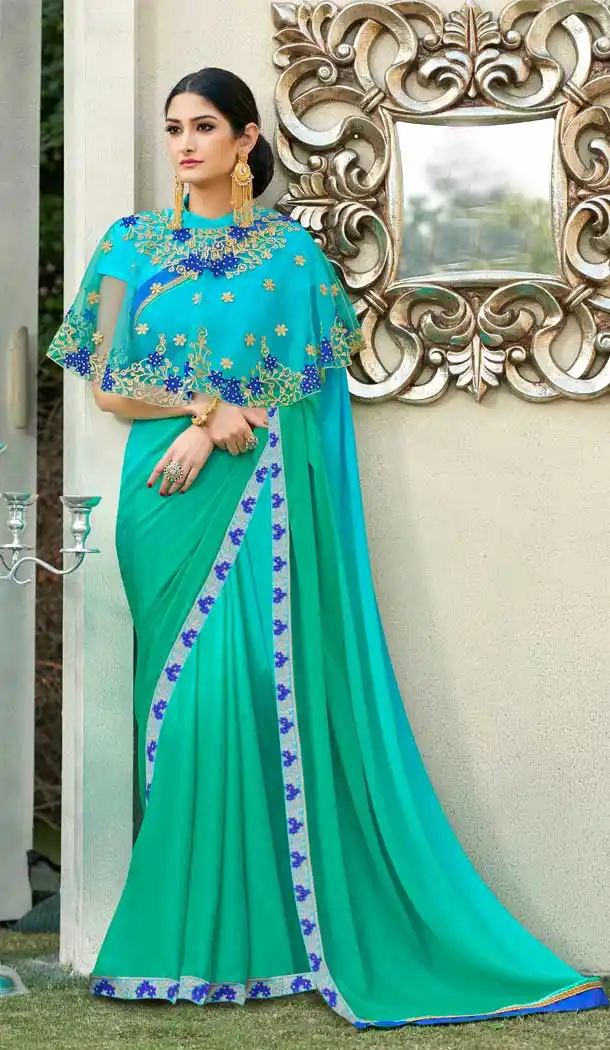 Sky Green Coral Color Cadbury Chiffon Casual Party Wear Women Saree Blouse -657123269