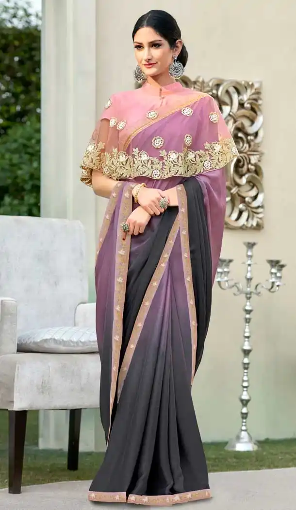 Multi Coral Color Cadbury Chiffon Casual Party Wear Women Saree Blouse -657123270