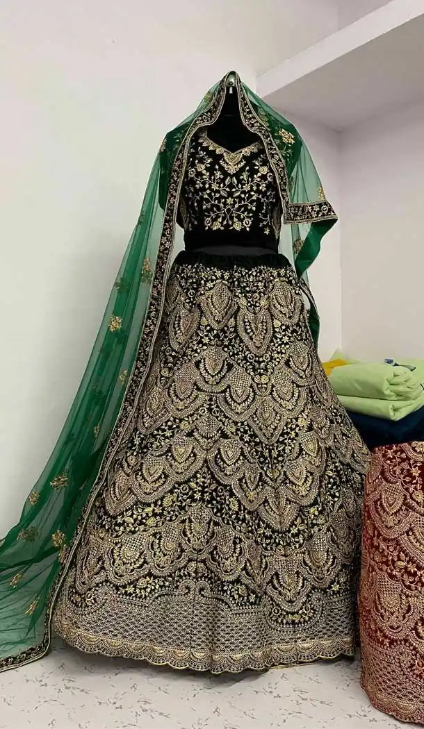 Green Color Markable Velvet Designer Wedding Wear Lehenga Choli -662123298