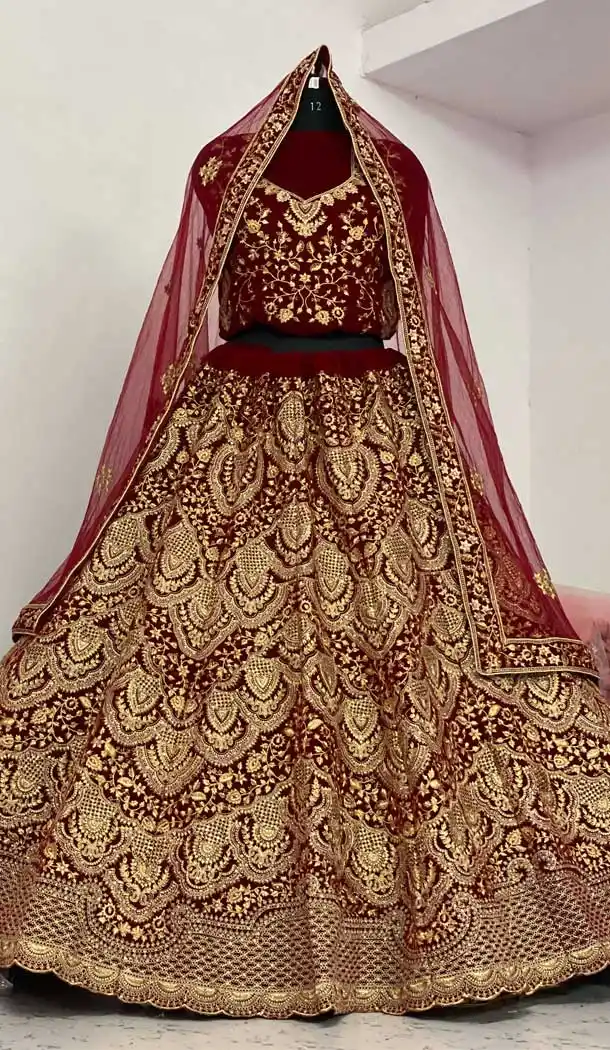 Maroon Color Markable Velvet Designer Wedding Wear Lehenga Choli -662123299