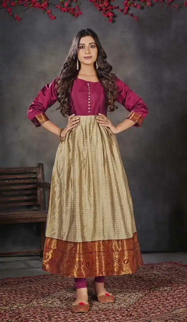 Cream Color Heavy Silk Weaving Daman Jacquard Plus Size Kurtis -663123300