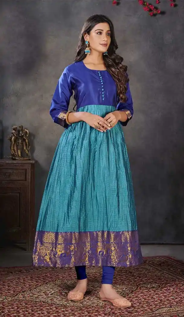 Sky Blue Color Heavy Silk Weaving Daman Jacquard Plus Size Kurtis -663123305