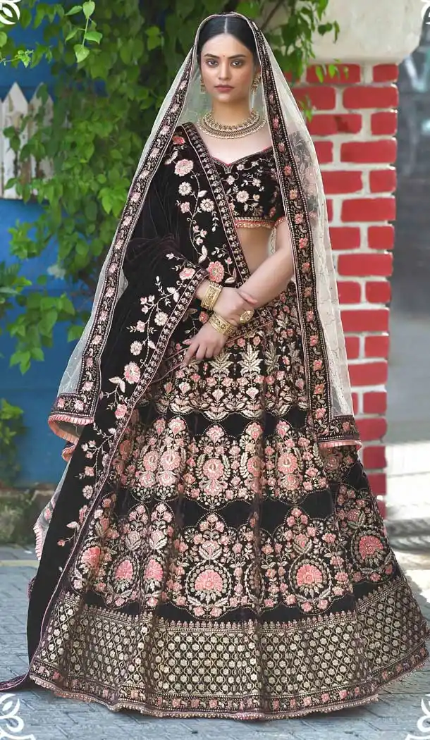 Coffee Color Velvet Heavy Designer Bridal Wedding Wear Lehenga Choli -664123308