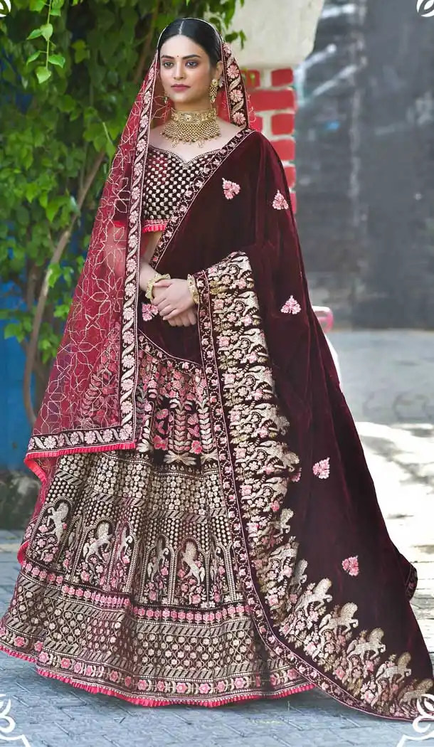 Maroon Color Velvet Heavy Designer Bridal Wedding Wear Lehenga Choli -664123310