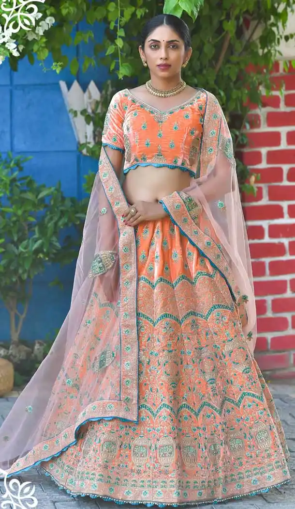 Orange Color Velvet Heavy Designer Bridal Wedding Wear Lehenga Choli -664123313